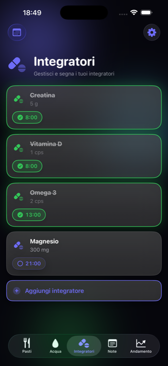 Gestione integratori con promemoria nell'app Grammio